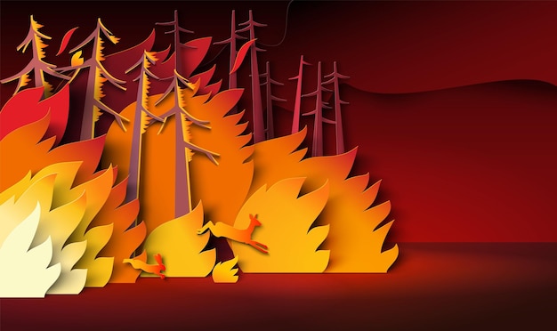 Wald in Flammen und Hirsche, die den flammenden Flammen entkommen, Papierschnitt Vektorillustration