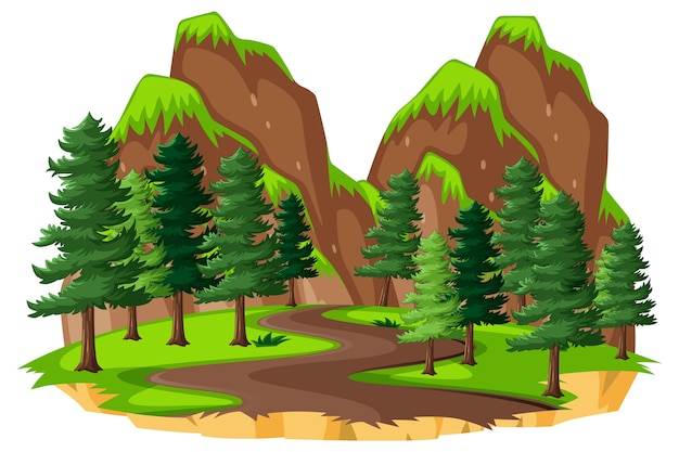Wald mit Naturelementen auf weißem Hintergrund