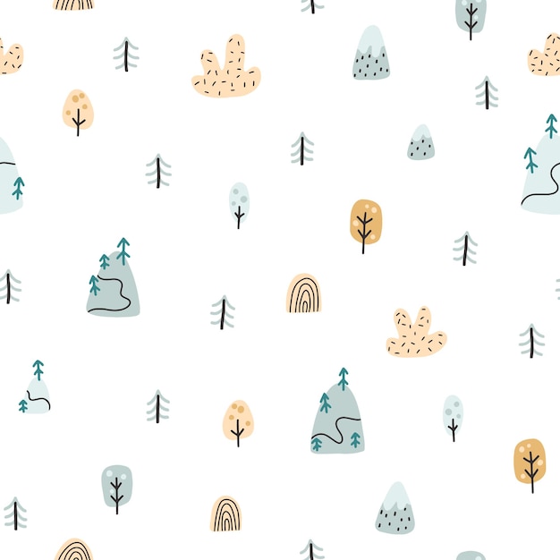 Wald nahtlose Muster. Landschaft mit Bergen, Bäumen, Weihnachtsbäumen in einem einfachen, kindischen, handgezeichneten Doodle-Cartoon im skandinavischen Stil. Naiver Vektorhintergrund ideal für Babykleidung, Textilien