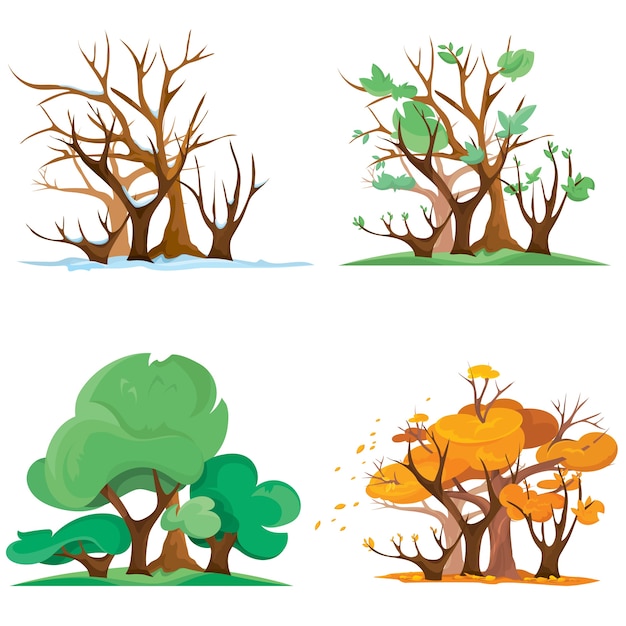 Wald zu verschiedenen Jahreszeiten. Illustration von vier Jahreszeiten im Karikaturstil.
