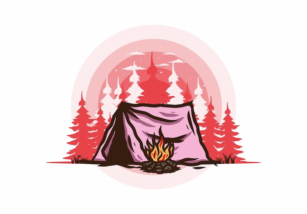 Vektor waldcamping mit lagerfeuer-illustrationsabzeichen