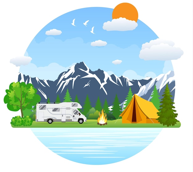 Waldcampinglandschaft mit reisebus im flachen design.