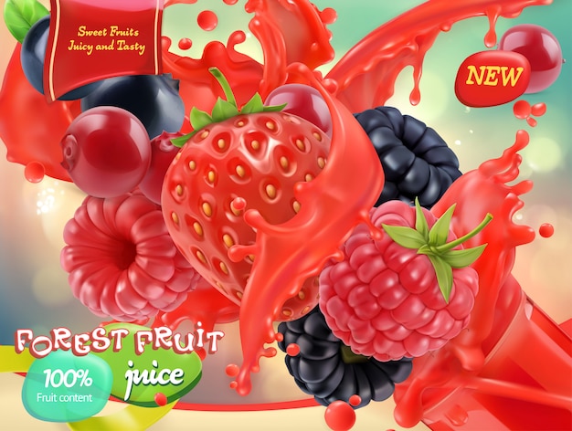 Waldfrucht. gemischte beeren. 3d realistisch, verpackungsdesign