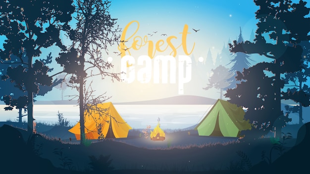 Waldlager Banner. Illustration im Freien. Camping im Wald.