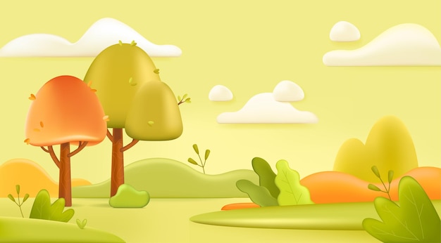 Waldlandschaft 3D-Darstellung. Sommerwiese Hintergrund mit grünen Bäumen und Pflanzen im Cartoon-Stil. Natur, Saison, Sommerkonzept