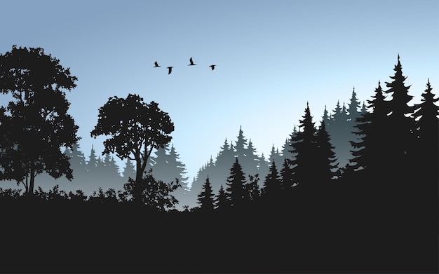 Vektor waldmorgenlandschaft silhouette des kiefernwaldes