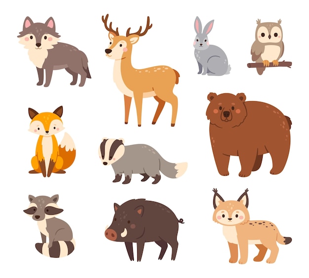 Waldtiere Schöne Waldracon Eule und Bär Fuchs und Hase Wolf und Eber Luchs und Hirsch Dachs Glückliches Kind Tier Charaktere Vektor-Set Chill wilde Säugetiere isolierte Fauna Charaktere