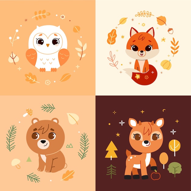 Waldtiere und Dekorelemente setzen Illustration.