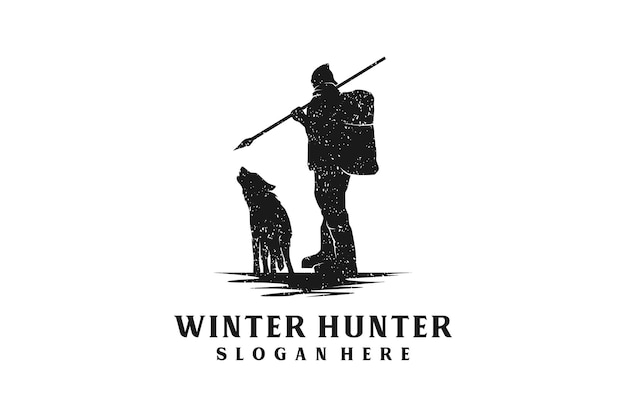 Walking polar hunter bringt einen speer mit wolf silhouette vintage rustic hand drawn logo design