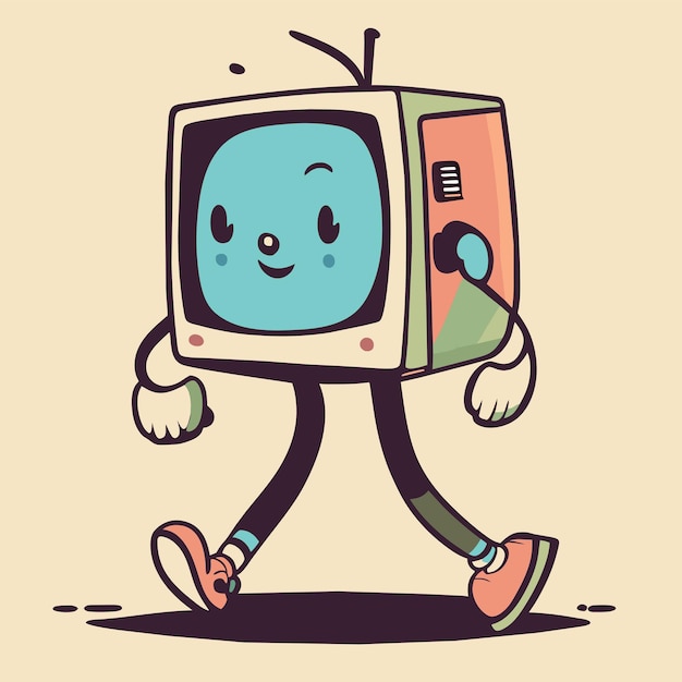 Walking tv handgezeichnetes cartoon-aufkleber-symbol-konzept isolierte illustration