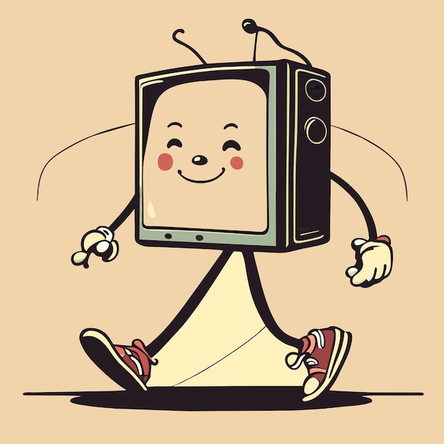 Walking tv handgezeichnetes cartoon-aufkleber-symbol-konzept isolierte illustration