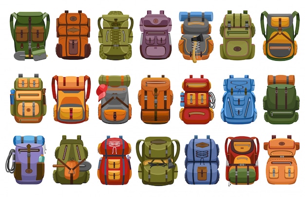 Wanderrucksack cartoon set symbol. illustration rucksack auf weißem hintergrund. cartoon set symbol wanderrucksack.