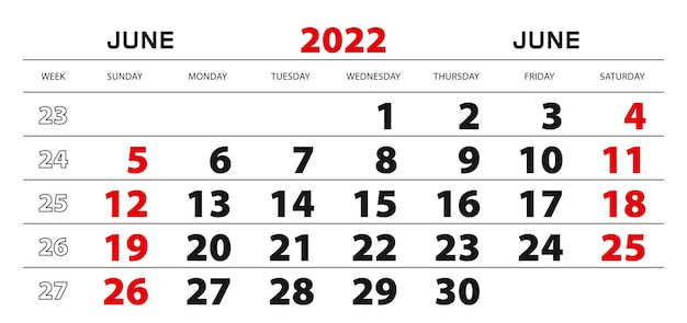 Wandkalender 2022 für juni, wochenstart ab sonntag.