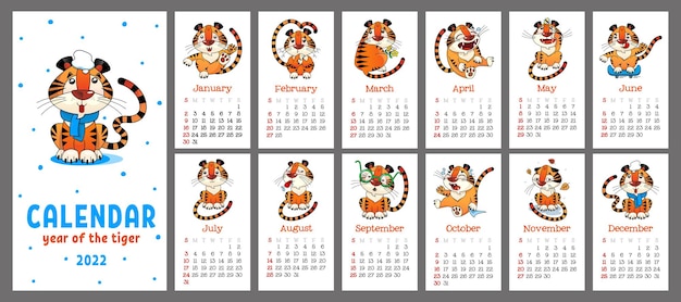Wandkalender für das Jahr der Tiger-Cartoon-Tigerbaby-Woche beginnt am Sonntag-Vektor-Illustration