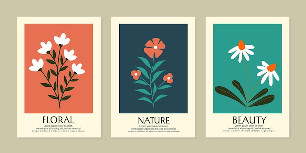 Wandkunstvorlage für laub im retro-stil. sammlung von abstrakten handgezeichneten blättern. botanisches plakat