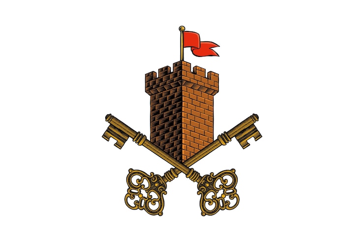 Vektor wappen mit turm, gekreuzten schlüsseln und roter flagge