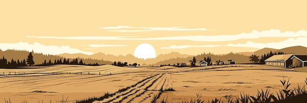 Warme abendliche ländliche Landschaft mit Feldern und Dorfpanorama-Vektorillustration