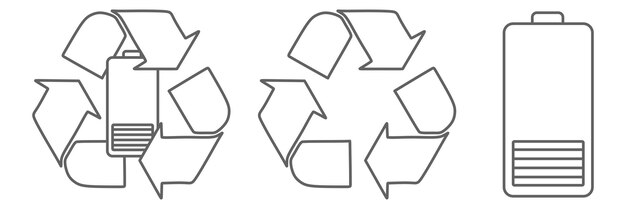 Vektor warn- und recycling-schildersymbole für niedrigen batterieladestand werden gesetzt. linienvektor isoliert auf weißem hintergrund. erdspar- und recyclingkonzept. lineare vektorsammlung