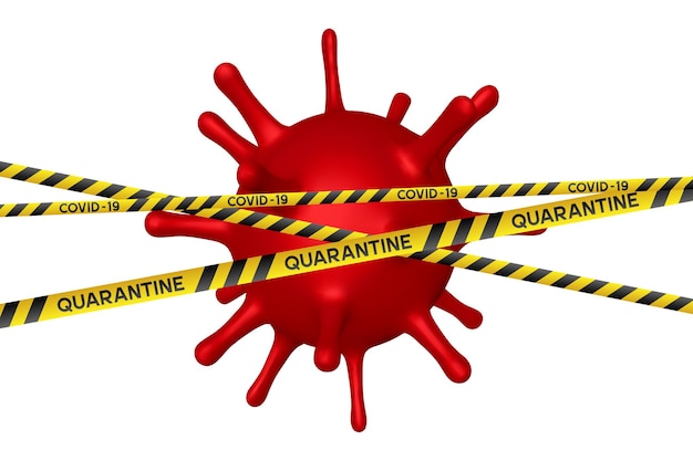 Warnendes coronavirus-quarantänebanner mit gelben und schwarzen streifen und roten blutkörperchen des virus.