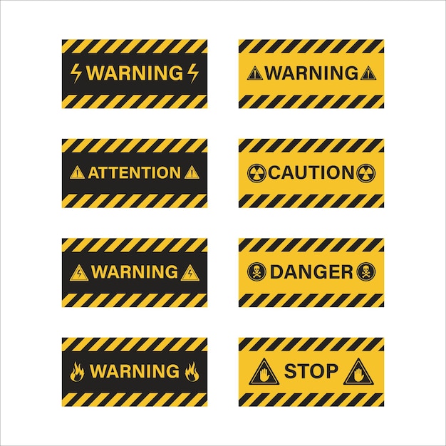 Warnschild mit schwarz-gelbem warnband. achtung zeichen gesetzter vektor. warnschild mit gelber und schwarzer farbe. gefahrenzeichen für polizei, unfall, im bau, website.