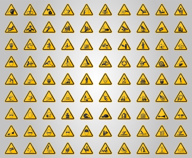 Warnzeichen Gefahrensymbole Etiketten Zeichen Isolierung auf weißem Hintergrund Vektorillustration
