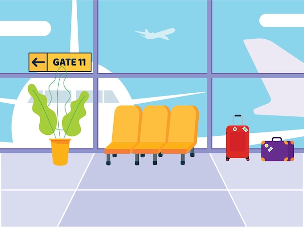 Vektor warteraum im flughafen lounge abflug mit stühlen sitze gepäcktaschen flugzeuge und grünpflanze