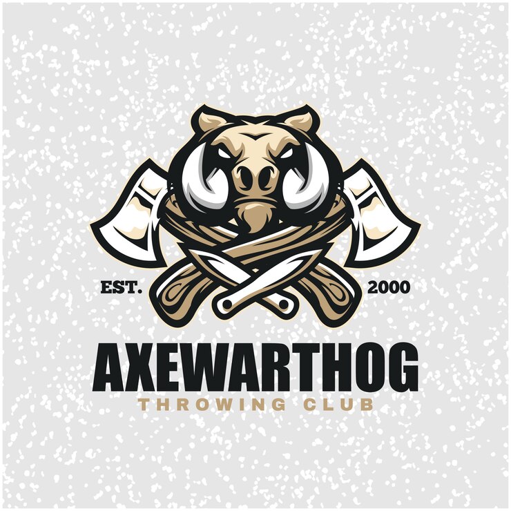 Warzenschweinkopf mit Äxten und Messern, Wurfklublogo.