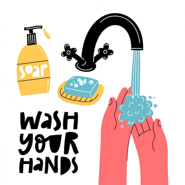 Vektor wasch deine hände. empfehlungen zum coronavirus-schutz. covid-19 hygieneförderung.