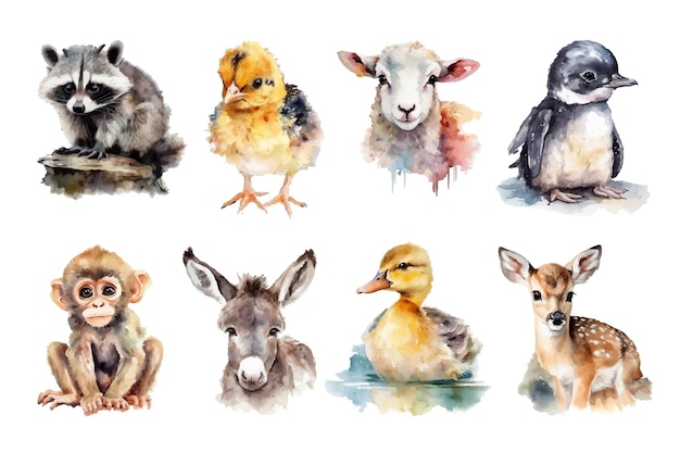 Waschbär, Huhn, Schaf, Pinguin, Affe, Esel, Entlein, Hirsch im Aquarellstil