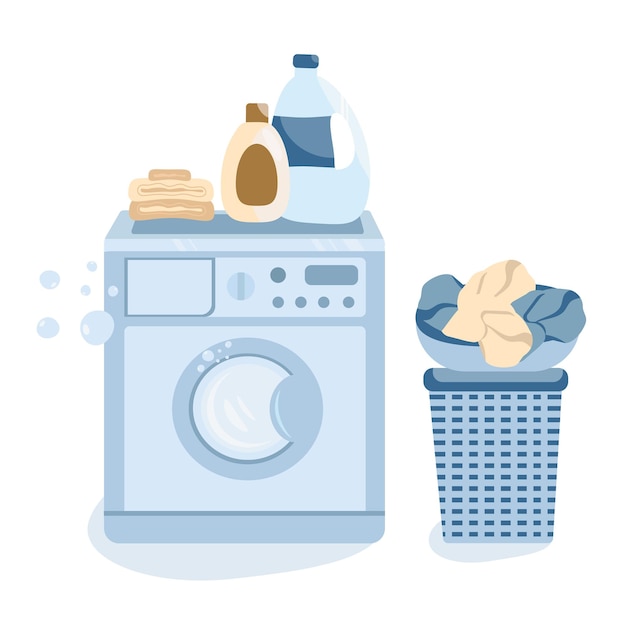 Waschküche-Vektorillustration mit Waschmaschine, Wäschekorb, Pulvern, sauberen Handtüchern