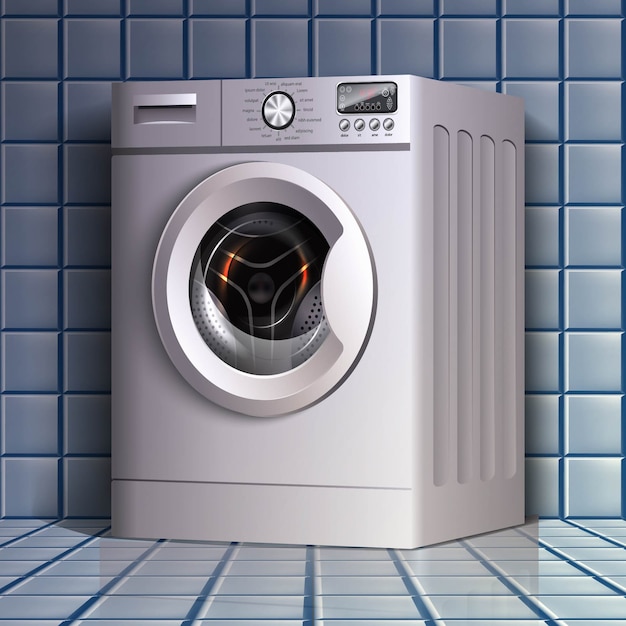 Waschmaschine in perspektivischer Ansicht auf dem blauen Fliesenboden des Badezimmers