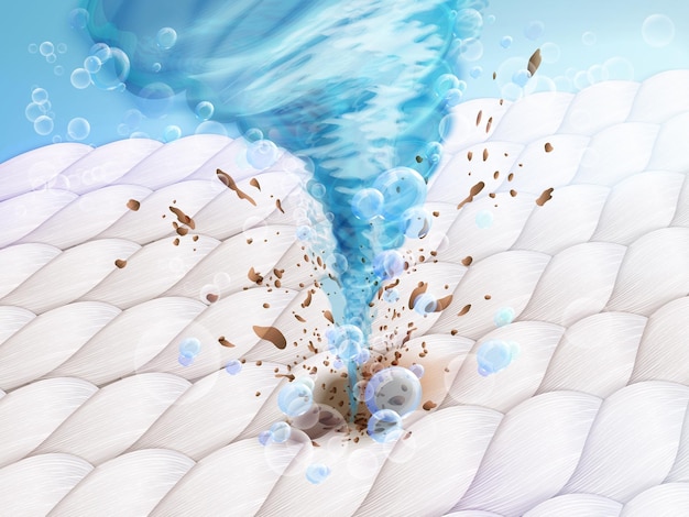 Waschwirbel auf Stoff leistungsstarker Wäschezyklon auf Makro-Textil-Hintergrund Waschmittel Wasser-Twister zur Entfernung von Flecken in schmutziger Faserkleidung sauber 3D-Exakte Vektorillustration