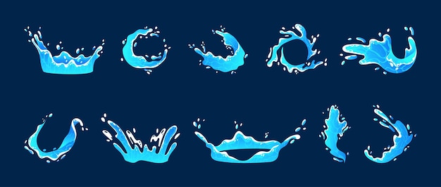 Wasser-Splash Cartoon-Kreis Ozean Spray-Tropfen Frischer und sauberer Flüssigkeitsfluss Spiel-UI-Symbol Magic VFX-Effekt Meeresmineralwirbel Animation blaue Welle Vektor grell natürliche Elemente gesetzt