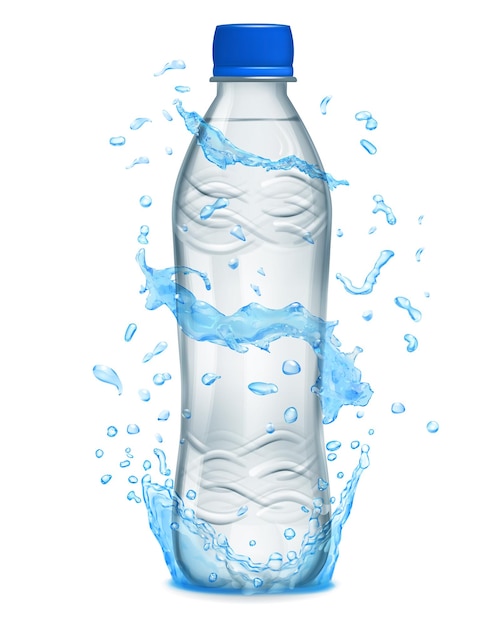 Wasser spritzt in hellblauen Farben um eine graue Plastikflasche mit Mineralwasser Flasche mit blauem Deckel gefüllt mit Mineralwasser