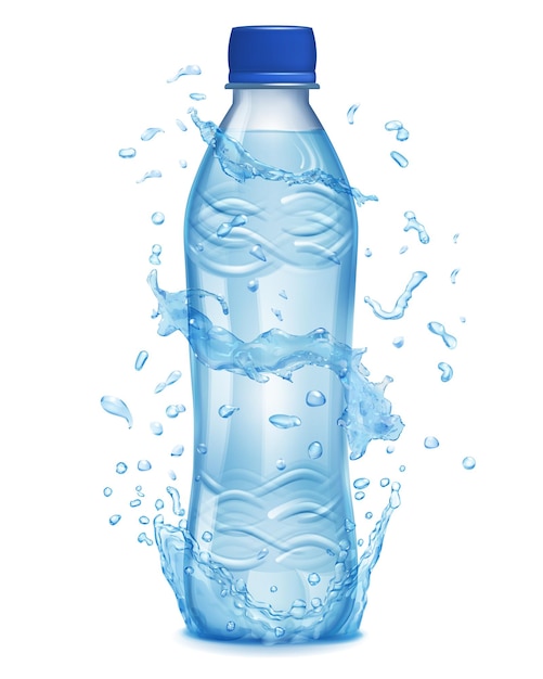 Wasser spritzt in hellblauen Farben um eine hellblaue Plastikflasche mit Mineralwasser Flasche mit blauer Kappe gefüllt mit Mineralwasser