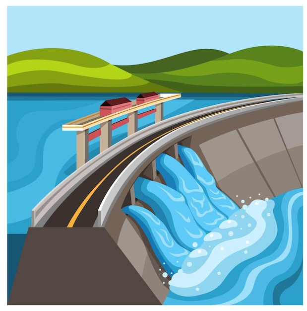 Wasserdamm reservoir wasserkraftwerk anlage illustration cartoon vektor