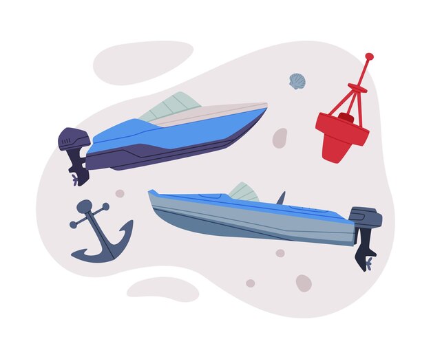 Wasserfahrzeug oder schwimmendes Wasserfahrzeug mit Motorboot und Ankervektorsammensetzung