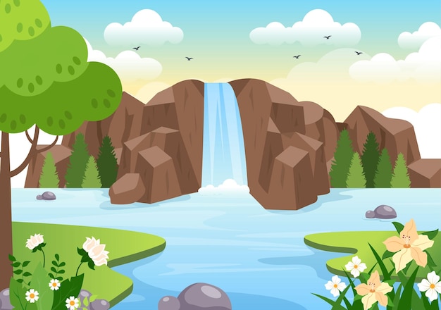 Vektor wasserfalllandschaft tropischer naturlandschaft mit flussbächen oder felsiger klippe in illustration