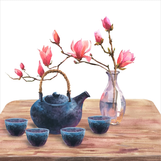 Wasserfarbene dunkelblaue Teekanne aus Keramik, Teeschalen, transparente Vase mit blühender Magnolie.