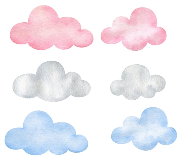 Wasserfarbene Wolken aus grauem Rosa und Blau Süßes Himmelsdekor im Kinderstil-Clipart-Set