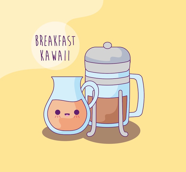 Wasserkocher mit kaffeegetränk und flasche zum frühstück nach kawaii art