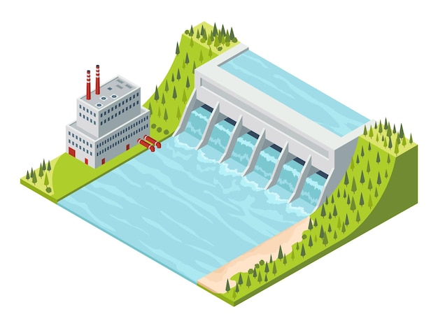 Wasserkraft isometrisch Wasserkraftwerk Alternatives Energiekonzept Fabrik elektrischer Wasserkraftwerk Damm am Fluss Vektorillustration