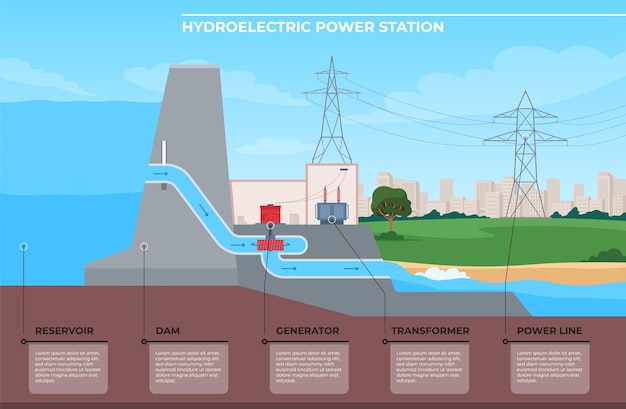 Vektor wasserkraftwerk betriebsschema eines wasserkraftwerks