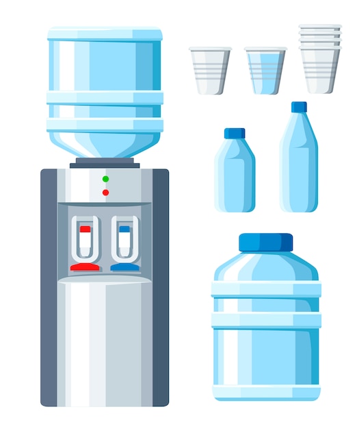 Wasserkühler. erfrischungs- und flaschenbüro, plastik und flüssigkeit. transparente einwegbecher mit großer und kleiner wasserflasche. illustration auf weißem hintergrund