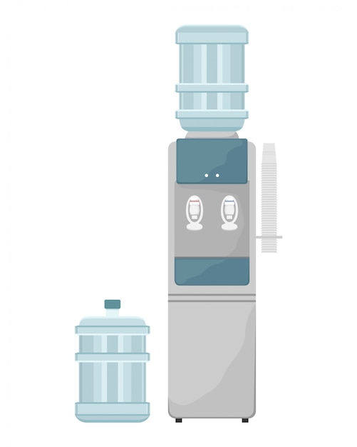 Wasserkühler mit Plastikbechern. Austauschbare Wasserflasche. Sauberes Wasser im Büro. Flache Illustration.