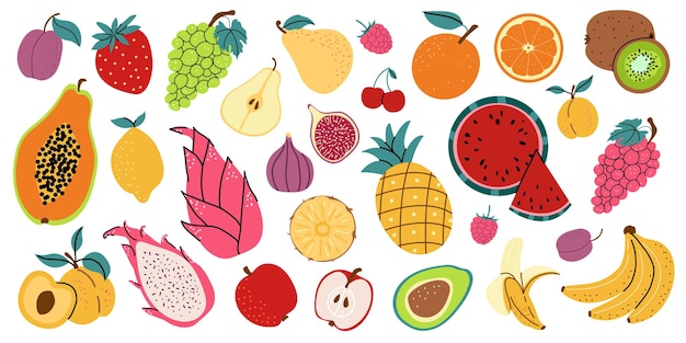 Wassermelone Banane Kiwi Ananas Birne Zitrone Avocado Richtige Ernährung Vektor-Illustration