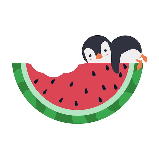 Wassermelonenbiss mit pinguin-cartoon