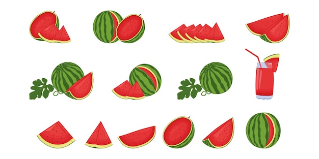 Wassermelonensatz-vektorillustration cartoon isolierte reife ganze wassermelone und halbierte scheiben und teile von biologischen natürlichen dessertkeilen unterschiedlicher form gesunder süßer roter saft im glas