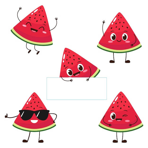 Wassermelonenscheiben-charakter mit lustigem gesicht fröhliches niedliches cartoon-wassermelonen-emoji-set gesunde vegetarische lebensmittelcharakter-vektorillustration