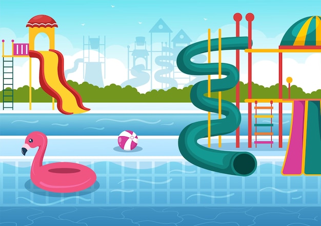 Wasserpark mit Swimmingpool zur Erholung und Spielplatz im Freien in flacher Cartoon-Illustration